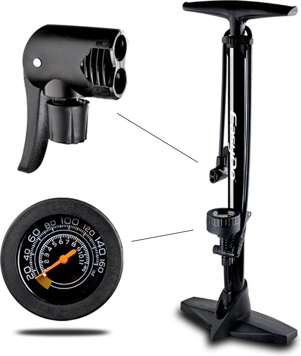 Matzwarte Fietspomp Met Drukmeter én Extra Ventielen - Multifunctioneel Mondstuk – Schrader En Presta – Aluminium Lichtgewicht Vloerpomp – Ballenpomp/ Scooterpomp/ Autobandenpomp 3 Matzwarte Fietspomp Met Drukmeter én Extra Ventielen - Multifunctioneel Mondstuk – Schrader En Presta – Aluminium Lichtgewicht Vloerpomp – Ballenpomp/ Scooterpomp/ Autobandenpomp