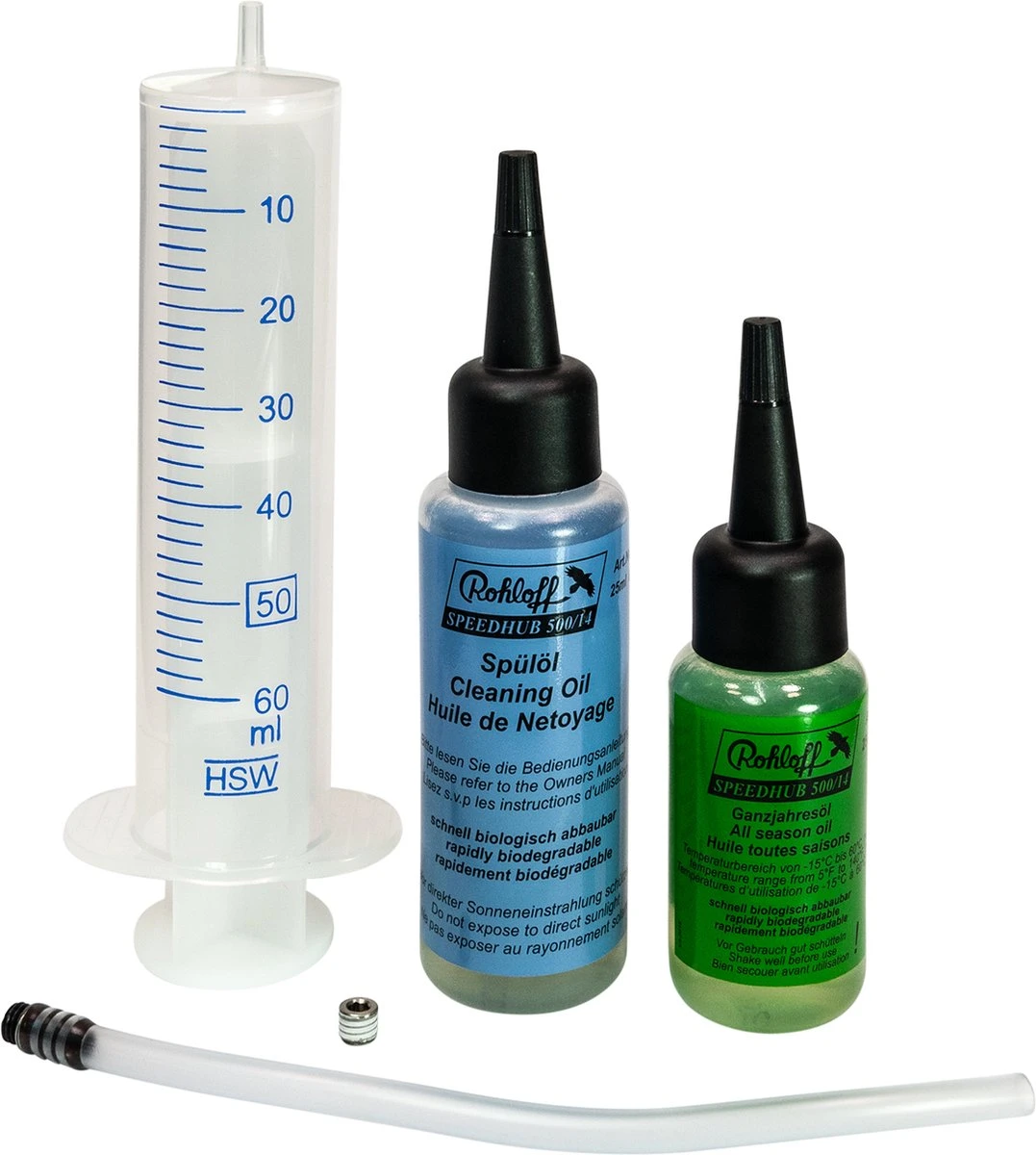 Rohloff 8410 Oliewisselset 25ml Voor Rohloff Naaf (spoelolie, Gansjaarolie, Spuit, Darmpje, Dichtingsschroef) 3 Rohloff 8410 Oliewisselset 25ml Voor Rohloff Naaf (spoelolie, Gansjaarolie, Spuit, Darmpje, Dichtingsschroef)