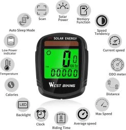 Draadloze Verlichte Fietscomputer - USB Oplaadbaar- Op Zonne- Energie - Kilometerteller - Klok - Calorie Teller - Snelheidsmeter - Auto Wake - IPX7 Waterdicht - 5 Talen - Met Verlichte LCD Display - Multifunctioneel - Inclusief Sensor - Zwart -Fietsenwinkel 1169x1200 2