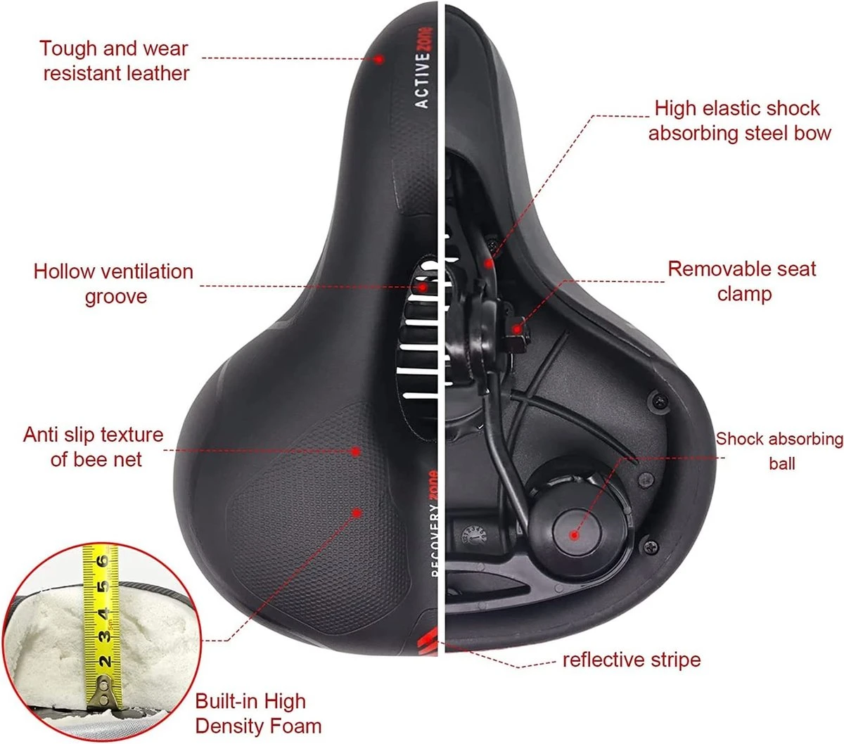 Fiets Zadels - Met Achterlichten- Langzame Rebound Traagschuim - Hol Ergonomisch Breed Tourzadel - MTB Zadel -mountainbikezadel - Fietszadel Dames - Fietszadel Heren - Unisex 6 Fiets Zadels - Met Achterlichten- Langzame Rebound Traagschuim - Hol Ergonomisch Breed Tourzadel - MTB Zadel -mountainbikezadel - Fietszadel Dames - Fietszadel Heren - Unisex - Afbeelding 4