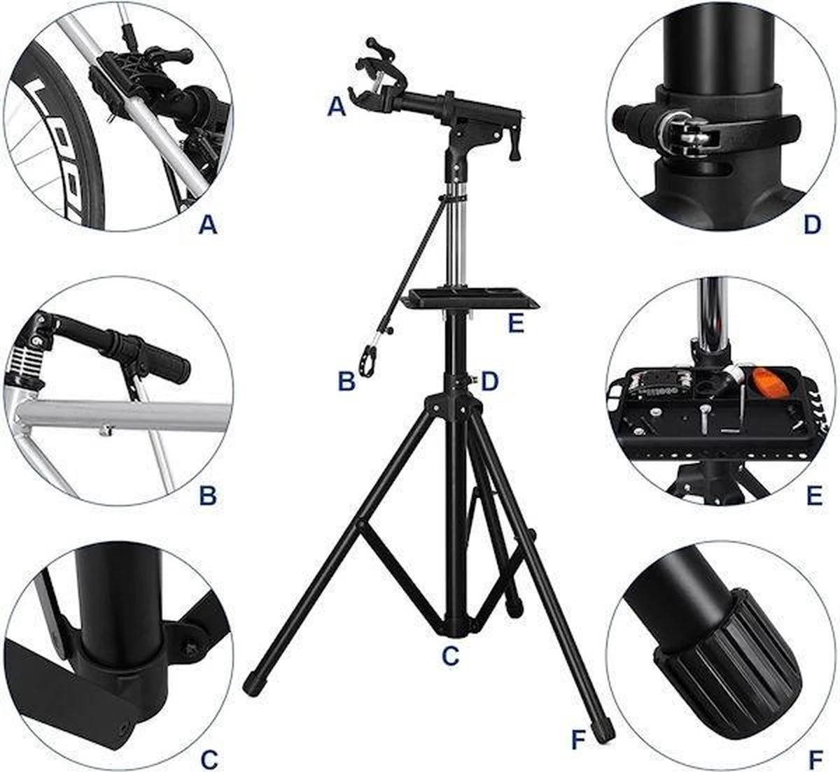 Merkloos Decopatent® PRO Montagestandaard Fiets - 360° Draaibaar - Verstelbaar + Gereedschapsbakje - Fiets Montage Reparatie Standaard 4 Merkloos Decopatent® PRO Montagestandaard Fiets - 360° Draaibaar - Verstelbaar + Gereedschapsbakje - Fiets Montage Reparatie Standaard - Afbeelding 2