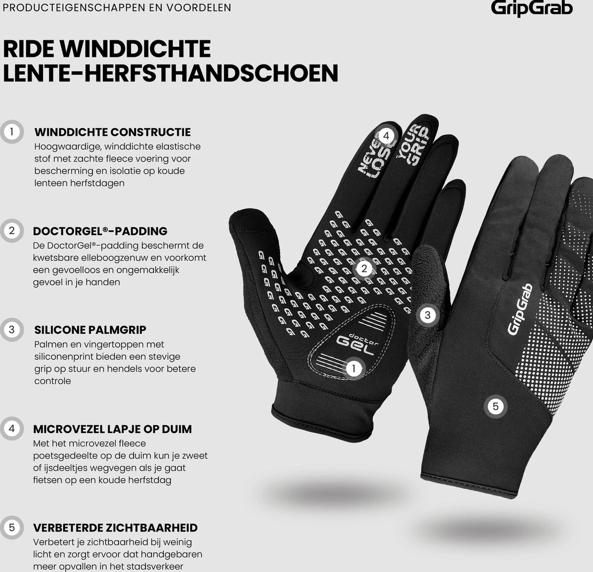 GripGrab - Ride Windproof Lente Herfst Fietshandschoenen Lange Vinger - Zwart - Unisex - Maat XL 4 GripGrab - Ride Windproof Lente Herfst Fietshandschoenen Lange Vinger - Zwart - Unisex - Maat XL - Afbeelding 2