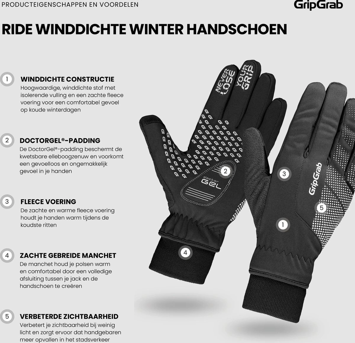 GripGrab - Ride Windproof Winter Gevoerde Padded Fietshandschoenen - Zwart - Unisex - Maat L 4 GripGrab - Ride Windproof Winter Gevoerde Padded Fietshandschoenen - Zwart - Unisex - Maat L - Afbeelding 2