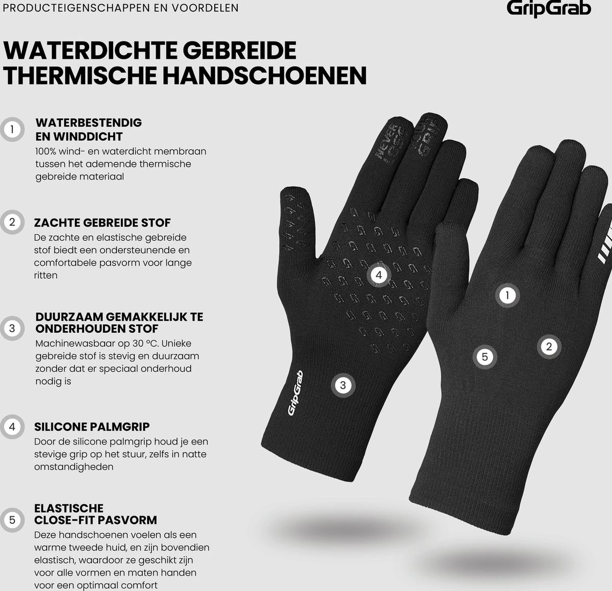 GripGrab - Waterproof Knitted Thermo Fietshandschoenen Regen Handschoenen - Zwart - Unisex - Maat M/L 4 GripGrab - Waterproof Knitted Thermo Fietshandschoenen Regen Handschoenen - Zwart - Unisex - Maat M/L - Afbeelding 2