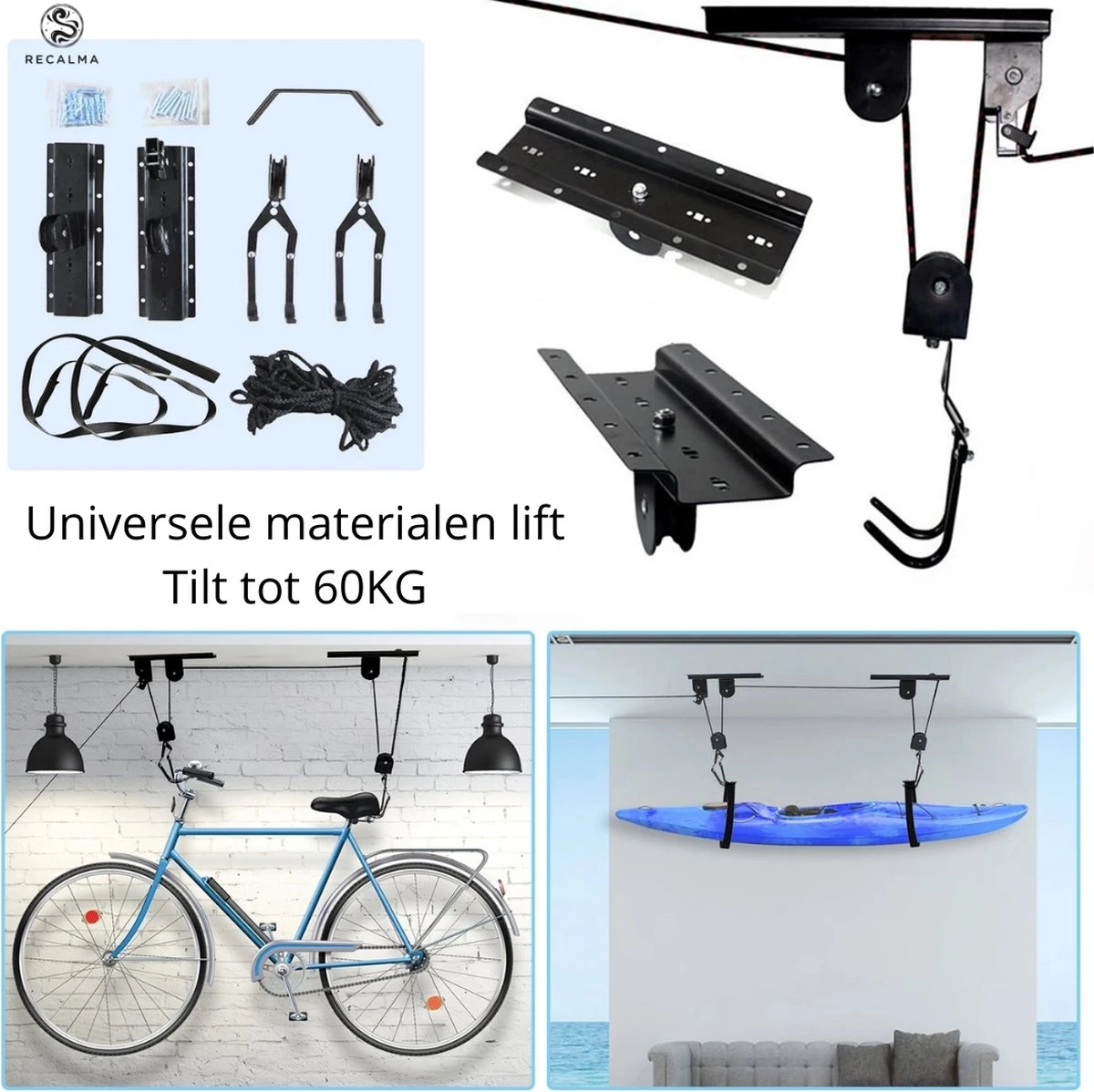 Recalma Fietslift - 60 Kg Draagkracht - Fietstakel - Universeel Ophangsysteem - Elektrische Fiets - Zwart 5 Recalma Fietslift - 60 Kg Draagkracht - Fietstakel - Universeel Ophangsysteem - Elektrische Fiets - Zwart - Afbeelding 3