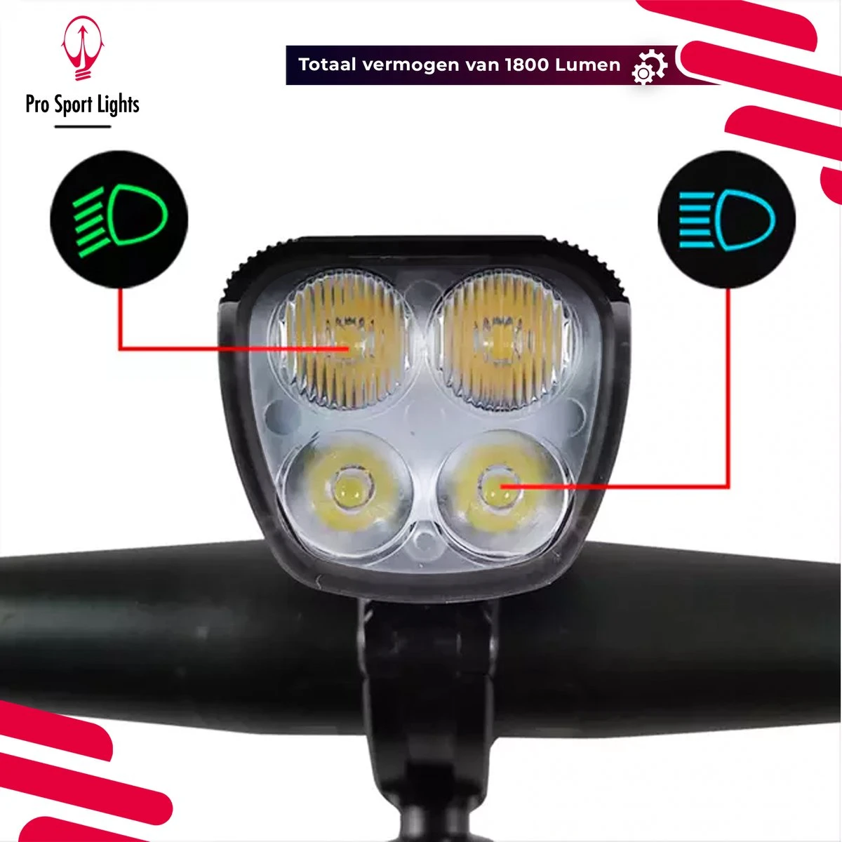 Pro Sport Lights Performance 1800 Lumen Fietslamp Voorlicht - Fietsverlichting USB Oplaadbaar - Koplamp Fiets - LED Racefiets / Mountainbike 13 Pro Sport Lights Performance 1800 Lumen Fietslamp Voorlicht - Fietsverlichting USB Oplaadbaar - Koplamp Fiets - LED Racefiets / Mountainbike - Afbeelding 12