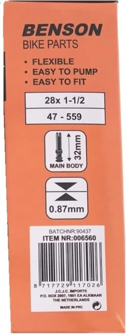 Benson Binnenband Rubber 28 X 1 1/2 - 40 - 635 - Dunlop Ventiel 32 Mm 11 Benson Binnenband Rubber 28 X 1 1/2 - 40 - 635 - Dunlop Ventiel 32 Mm -Fietsenwinkel 454x1200 1