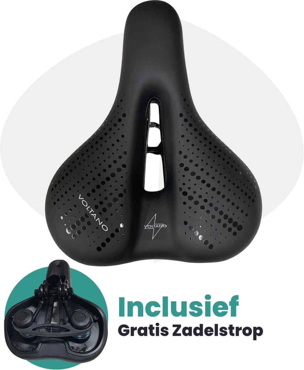 Voltano Dames Fietszadel - Zwart - Uitsparing - Waterdicht - Elastomeer Vering - Gratis Zadelstrop 3 Voltano Dames Fietszadel - Zwart - Uitsparing - Waterdicht - Elastomeer Vering - Gratis Zadelstrop